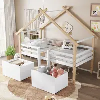 OKWISH Halfhoog Kinderbed 90x200 Cm – Huisbed Met Dak – Met Trap – Met 2 Opbergkasten Op Wielen – Voor Kinderkamer – Massief Hout En MDF – Zonder Matras – Wit Naturel