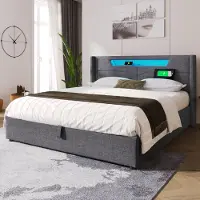 OKWISH Gestoffeerd Bed 140x200cm - LED Verlichting & USB Type-C Oplaadpunt - Met Opbergruimte Met Gasveer - Linnen Stijl - Grijs - Met matras