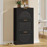 OKWISH Schoenenkast Met 3 Kleppen - Ruimtebesparende Schoenenkipper Voor Hal En Woonkamer - MDF Zwart - 60×24×114 Cm