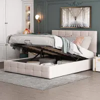 OKWISH Gestoffeerd Bed 140x200cm – Hydraulisch Opbergbed Met Verstelbaar Hoofdbord – Metalen Lattenbodem – Zonder matras – Fluweel – Crèmewit