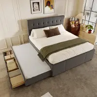 OKWISH Gestoffeerd Bed 140x200cm - Uittrekbaar Logeerbed - Met 3 Lades - Verstelbaar Hoofdeinde - Linnen Bekleding; Houten Frame - Grijs - Zonder matras
