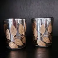Clayre & Eef – Theelichthouder – Set 2 stuks - Ø 8x10 cm - Zilverkleurig Glas - Gouden Blaadjes - Waxinelichthouder