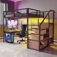 OKWISH Kamerhoogslaper 140x200 cm - Met App-LED, Veiligheidsnet En Trap Met Opbergruimte En Kledingkast - Metaal - Zwart - Zonder matras