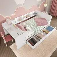 OKWISH Bed 90 x 200 cm - Bed met Integraal Bureau - 2 Laden Onderbed en 3 Planken - voor Kinder- of Studentenkamer - Grenen Spaanplaat - Wit - zonder matras