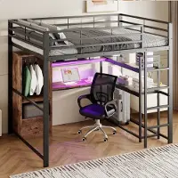 OKWISH Hoogslaper 140x200cm - Met LED-licht en Bureau - Met Opbergruimte en 1 Lade - Voor Kinderen - Metaal+MDF Industrieel - Zwart - Zonder matras