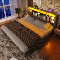 STILVORA Tweepersoonsbed 160x200 cm – Gestoffeerd Bed Met USB, LED & Opberghoofdeinde Met 6 Externe Vakken – Massief Hout – Zonder Matras – Grijs