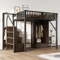 OKWISH Halfhoogslaper 140x200 cm - Leuning Met Hout En Metaalgaas - Met Opbergkast En Lade - Voor Tieners En Studenten - Metaal - Zwart - Zonder matras