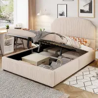 OKWISH Gestoffeerd Bed 140x200cm – Hydraulisch Liftbed Met Opbergruimte – Breed Hoofdbord – Voor Slaapkamer – Zonder matras – Beige