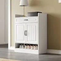 OKWISH Schoenenkast - 75×36×95,5 Cm - 2 Deuren 1 Lade - Verstelbare Planken - Hal Slaapkamer - Spaanplaat Wit