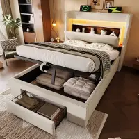 OKWISH Gestoffeerd Bed 90x200cm – Hoofdbord Met Led Verlichting En Oplaadpunten – Hydraulische Opbergruimte En Lade – Zonder Matras – Linnen Beige