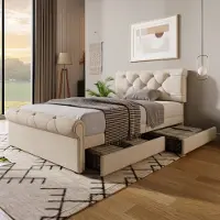 OKWISH Gestoffeerd Bed 90x200 cm - Verstelbaar Hoofdeinde 6 cm - Met 2 Uittrekbare Laden - Knopgestoffeerd Detail - Metaal&Hout - Zonder matras - Beige