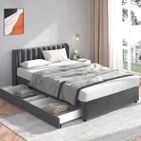 OKWISH Gestoffeerd Bed 140x200 cm - Fluwelen Bedframe Met Lattenbodem - Hoog Hoofdbord Met 2 Lades Op Wieltjes - Zonder Matras - Grijs