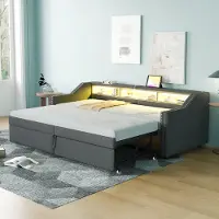 OKWISH Gestoffeerd Slaapbank 90/180 x 200 cm - Uitklapbaar tot 180 x 200 cm - met opbergruimte en USB - Linnen - zonder matras - Donkergrijs