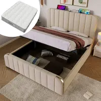 OKWISH Gestoffeerd Bed 140x200 cm - 7-Zone Orthopedische Matras H3 - USB Type-C Oplader en Hydraulisch Opbergbed - Linnen - Beige - Met matras