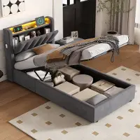OKWISH Bed 90 x 190cm - Eenpersoonsbed Met Gasdrukveer Opbergruimte - LED Verlichting En USB - Fluwelen Bedframe - Donkergrijs