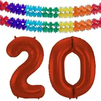Folat Verjaardag Leeftijd folieballon - 20 jaar - rood - 86 cm - cijferballon groot - incl 2x feestslingers