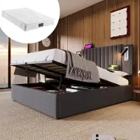 OKWISH Gestoffeerd Bed 140x200cm - Verstelbaar Nieten Hoofdeinde - Leeslamp Met USB - Hydraulische Opbergruimte - Slaapkamer - Katoen - Grijs - Zonder Matras