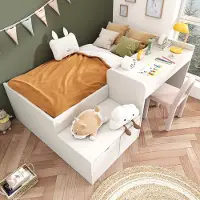 OKWISH Bed 90x200 cm - Schrijfbed Met Bureau & Lades - Met Verhoogde Zijpanelen En Hoekbescherming - Voor Kinderen - Hout;MDF - Wit - Zonder matras