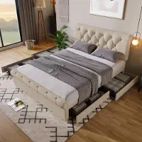 OKWISH Gestoffeerd Bed 140x200 cm - Verstelbaar Hoofdeinde (6 cm) - Met 4 Laden Op Rollen - Metaal;Hout Frame Met Linnen Bekleding - Beige - Zonder matras