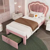 OKWISH Gestoffeerd Bed 90x190 cm - LED RGB Met App Besturing - Verstelbaar Hoofdeinde 20cm - Met Opberglade - Jeugdkamer - Fluweel - Roze - Zonder matras
