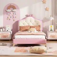 OKWISH Gestoffeerd Bed 90x200cm – Golvend Hoofdbord Met Multikleuren Ledverlichting – Met Lattenbodem – Zonder matras – Pu – Roze Wit