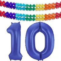 Folat Verjaardag Leeftijd folieballon - 10 jaar - blauw - 86 cm - cijferballon groot - incl 2x feestslingers