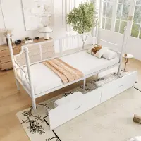 OKWISH Metalen Bed 90x200 cm - Vintage Net Rugleuning en Armleuningen - Sofa/Bed Functie - Met 2 Lades - Studentenkamer - Metaal - Wit - Zonder matras