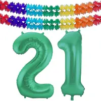 Folat Verjaardag Leeftijd folieballon - 21 jaar - groen - 86 cm - cijferballon groot - incl 2x feestslingers
