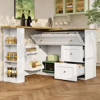 OKWISH Bar-/Hoogtafel – Uittrekbaar 138-204×39×105 cm – 1 Deur – 2 Klapladen – Met 360° Draaiplateau – Snackrek – Modern Compact – MDF Wit Metaal