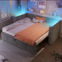 OKWISH Gestoffeerd Dagbed 90x200 cm - 2-in-1 Uittrekbed 180x200 cm - Handbediening met App-LED - Zonder Opbergruimte - Slaapkamer - Fluweel;MDF - Zonder matras - Grijs