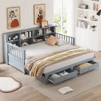 OKWISH Zetelbed 90/180x190 cm - Uitklapbaar Bed Met Opberglades En Lattenbodem - Grenenhout - Grijs