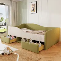 OKWISH Gestoffeerd Bed 90x190cm – Kinderbed Met Veiligheidshekken – Met 2 Lades En Schoenenvak – Met Lattenbodem – Zonder matras – Groen Ivoor
