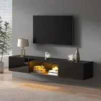 OKWISH TV-Meubel – 2 Deuren – Met LED-Verlichting (Bluetooth-App) – Hoogglans Opbergruimte – MDF/Spaanplaat Zwart – 160×31×22 cm – Geschikt Voor 70 Inch TV