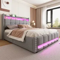 OKWISH Gestoffeerd Bed 160x200 cm – Met Ledverlichting En Usb Aansluiting – Hydraulische Opbergruimte – Voor Volwassenen – Linnen – Lichtgrijs | Zonder matras
