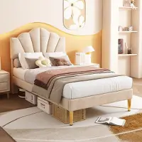 OKWISH Gestoffeerd Bed 90x200cm – Schelpvormig Hoofdbord Verstelbaar – Met Lattenbodem – Zonder matras – Fluweel – Beige
