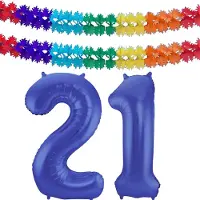 Folat Verjaardag Leeftijd folieballon - 21 jaar - blauw - 86 cm - cijferballon groot - incl 2x feestslingers