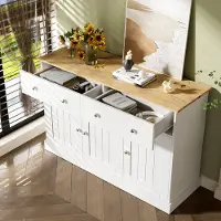 OKWISH Dressoir - Reliëf Deuren - Woonkamer En Eetkamer - Spaanplaat Wit Met Houtkleur - 120x36x80,5 Cm - 3 Deuren 2 Lades