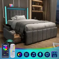 OKWISH Gestoffeerd Bed 90x200cm - Met USB-C Oplaadpunt En 3 USB-Poorten - LED Sfeerverlichting Met Afstandsbediening - 2 Lades Wisselbaar Links/Rechts - Linnen Stijl - Grijs - Zonder matras