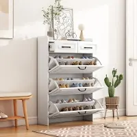 OKWISH Schoenenkast – 80×23,5×131 cm – 3 Kleppen En 2 Laden – Veel Opbergruimte Voor Hal En Woonkamer – Spaanplaat Wit