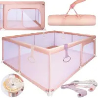 Sun baby Kinderbox met roze handvat 150x200 cm 0-2 jaar Zalm, polyester, netwanden, ingang met rits, antislipvoetjes, draagtas inbegrepen, metalen frame