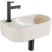 Qeramiq Fuente Fonteinset - 40x21.5x12cm - links - glad - halfrond - 1 kraangat - keramiek - fonteinkraan zwart mat - afvoerplug - verlaagd sifon - beige SW1209557/SW696205/SW696215/SW696235