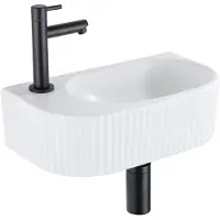 Qeramiq Fuente Fonteinset - 40x21.5x12cm - links - geribbeld - halfrond - 1 kraangat - keramiek - fonteinkraan zwart mat - afvoerplug - verlaagd sifon - wit mat SW1522209/SW696205/SW696215/SW696235