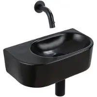 Qeramiq Fuente Fonteinset - 40x21.5x12cm - glad - halfrond - keramiek - fonteinkraan zwart mat - afvoerplug - verlaagd sifon - zwart mat SW1210764/SW696205/SW696215/SW1108828