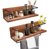 Mein-Regal Coemo Wandrek KIM set 2 stuks massief Paulownia Hout Zwevende Wandplank - Handdoekhouder - Bruin/Zwart
