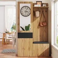 MODFU Kapstok 98,5x38x191 cm van MDF, met spiegel en schoenenkasten, zwart/naturel