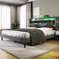 MODFU Bedframe 160x200 cm – Grijs linnen met opberghoofdbord & LED – Massief hout