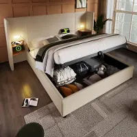 MODFU Bedframe 160x200 cm – Beige linnen met leeslamp & 4 laadpoorten – Hydraulisch