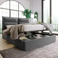 MODFU Bedframe 140x200 cm – Grijs fluweel met verstelbaar hoofdbord & hydraulisch