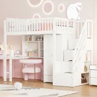 MODFU Hoogslaper 90x200 cm – 251x96x180 cm – Alles-in-één met kledingkast, bureau & opbergtrap – Massief hout wit – Tienerkamer