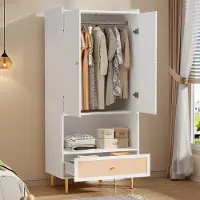 Merax Kast met twee deuren - met rieten lade en kledingstang - slaapkamerkast - met metalen poten en metalen handgrepen - wit - 80x48x175 cm